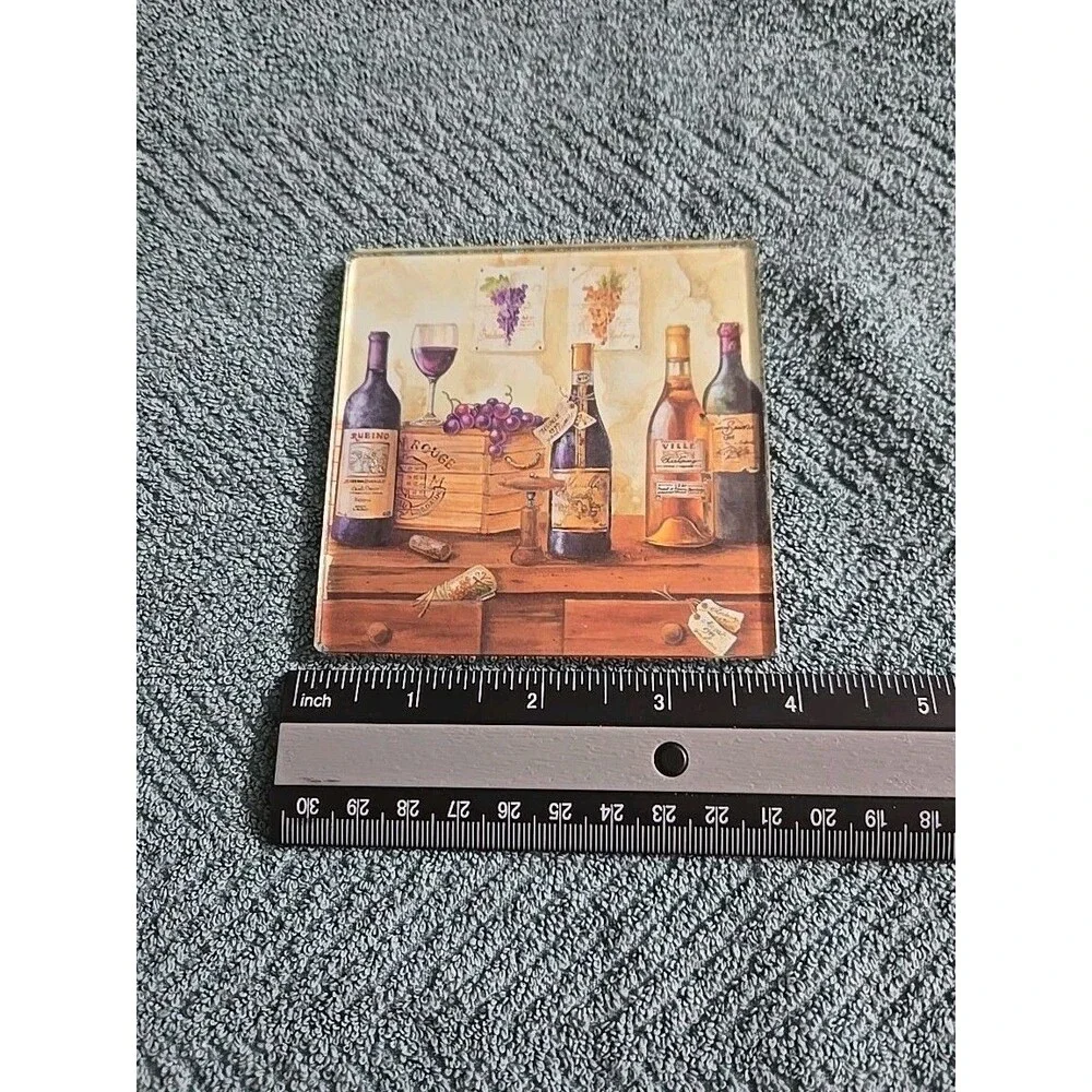 Set of 4Coasters Wine Bottles and Glass Grapes Themed Glass Back 4” X 4” Square